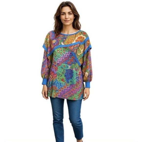 Vintage Diane Freis Tunic Top Art To Wear Psychedelic Georgette Colorful Large